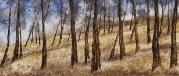 CAMI AL PREVENTORI I - Tècnica mixta-tremp i pigments naturals sobre fusta, 60×140 cm