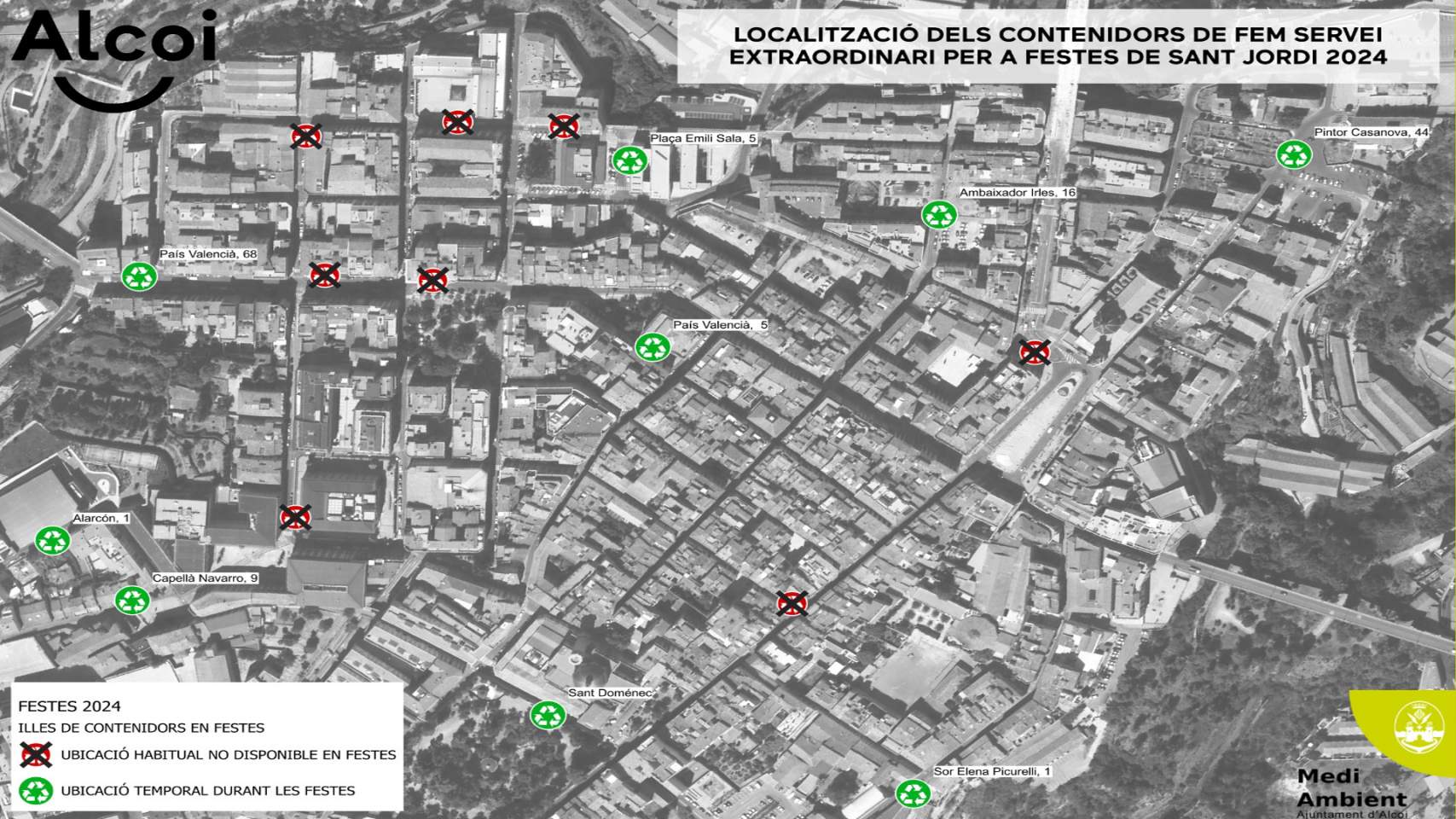 Plano con la ubicación de los contenedores en Fiestas