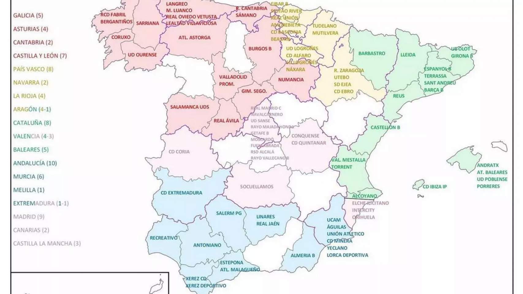 Mapa de los grupos de Segunda Federación para la 25-26