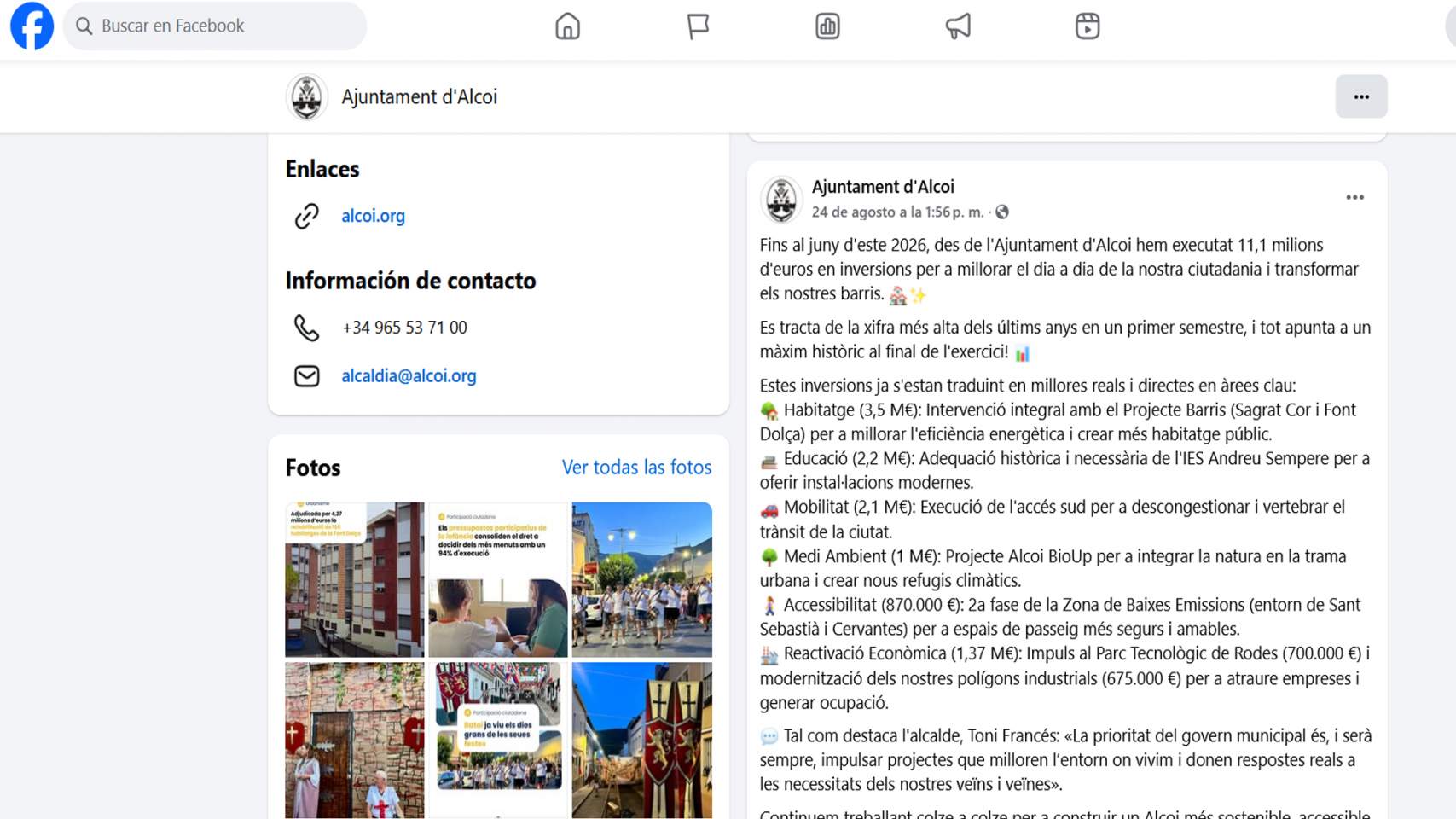 Captura missatge en el perfil de Facebook de l'Ajuntament