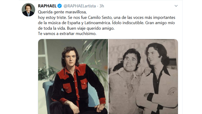 Tuit de Raphael tras la muerte de Camilo Sesto
