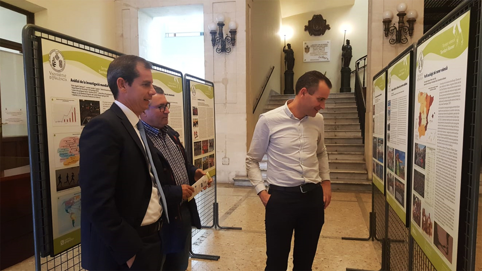 Ignacio García, Alberto Belda y Miguel Juan Reig observan la exposición