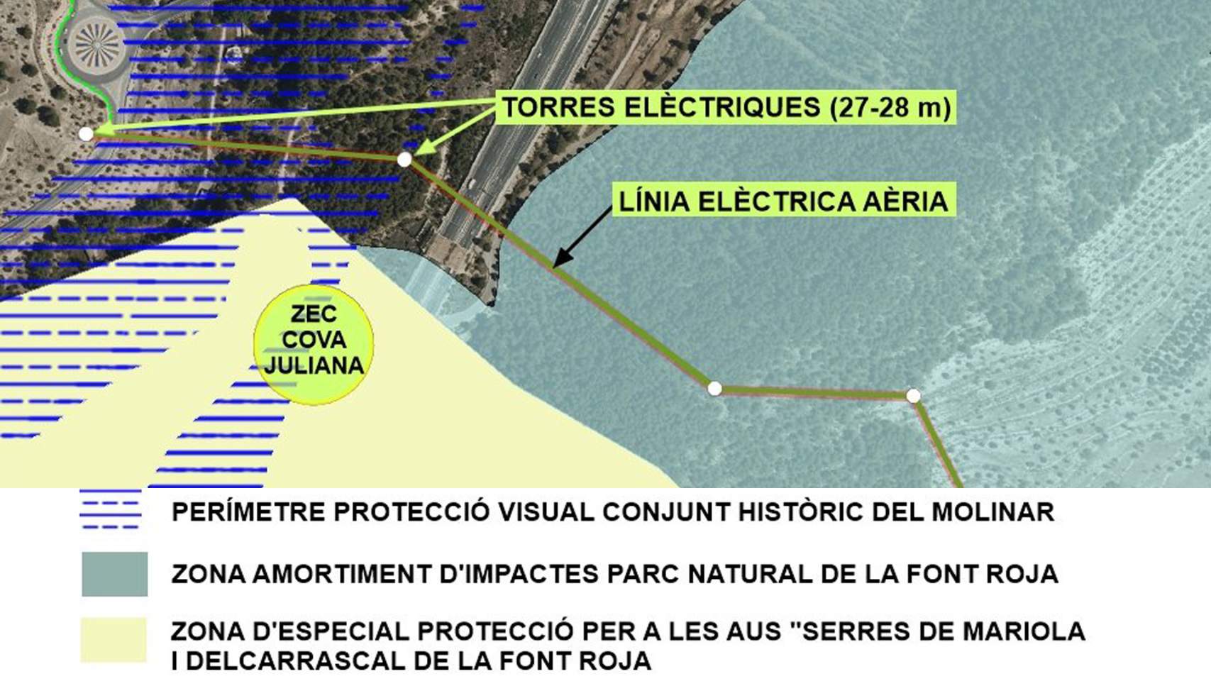 Zona del Molinar per on transcorriria la línia d'evacuació / Gràfic de La Carrasca