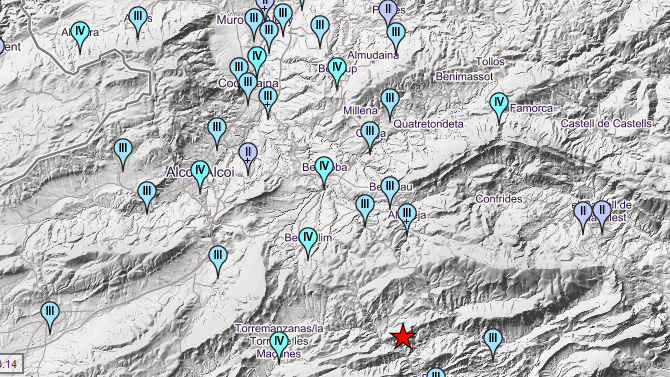 Intensidades notadas por el terremoto con epicentro marcado con una estrella